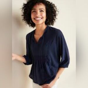 Old Navy Women’s Linen Top Shirt Loose Fit 3/4 Sleeves Dark Blue Medium M